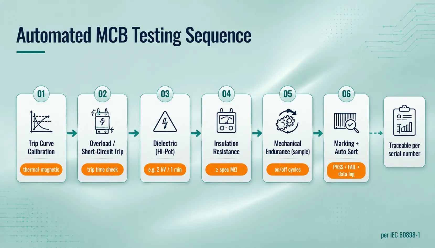 Automated MCB testing sequence: trip calibration, hi-pot, insulation resistance and auto sort per IEC 60898-1