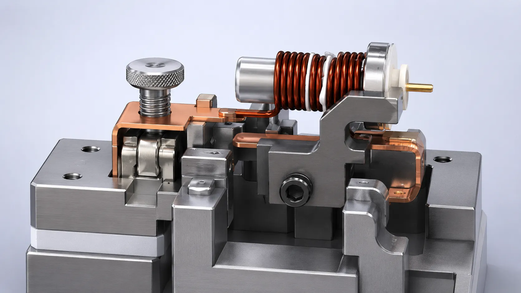 MCB magnetic release assembly placed in a custom fixture on the conveyor line
