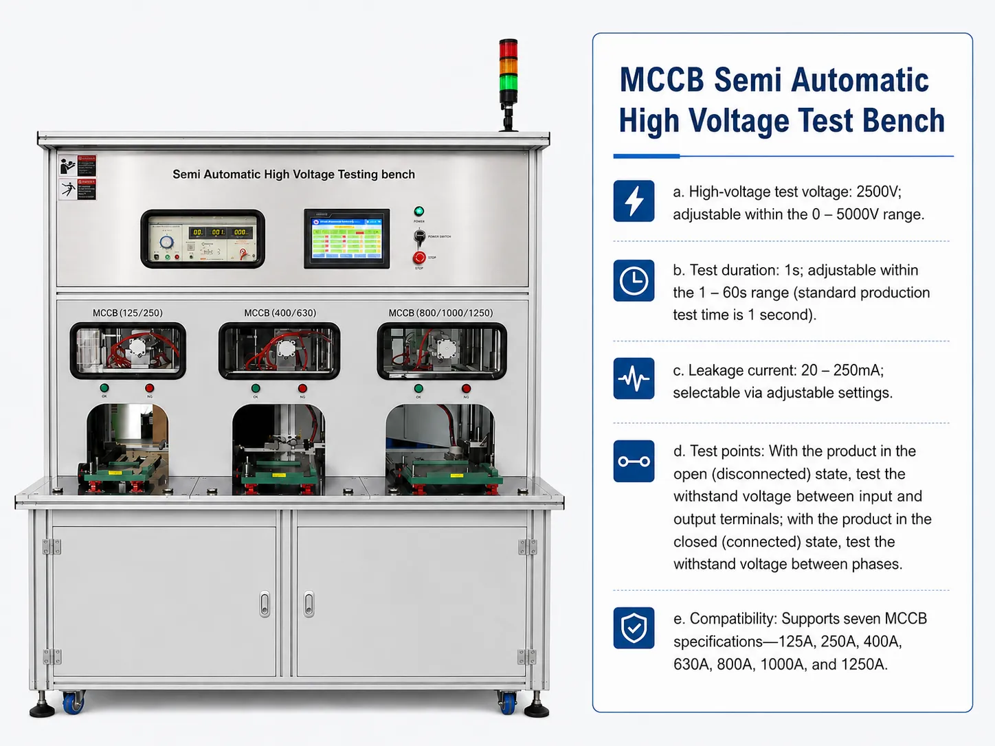 MCCB semi automatic high voltage test bench parameters for dielectric withstand testing with leakage current detection