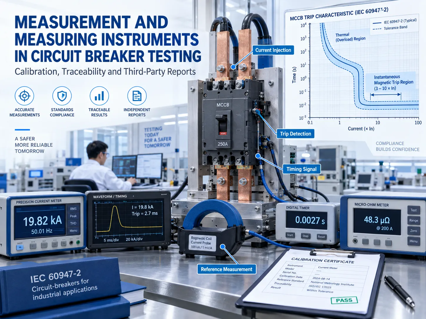 Detailed description of measurement and measuring instruments for circuit breaker testing equipment